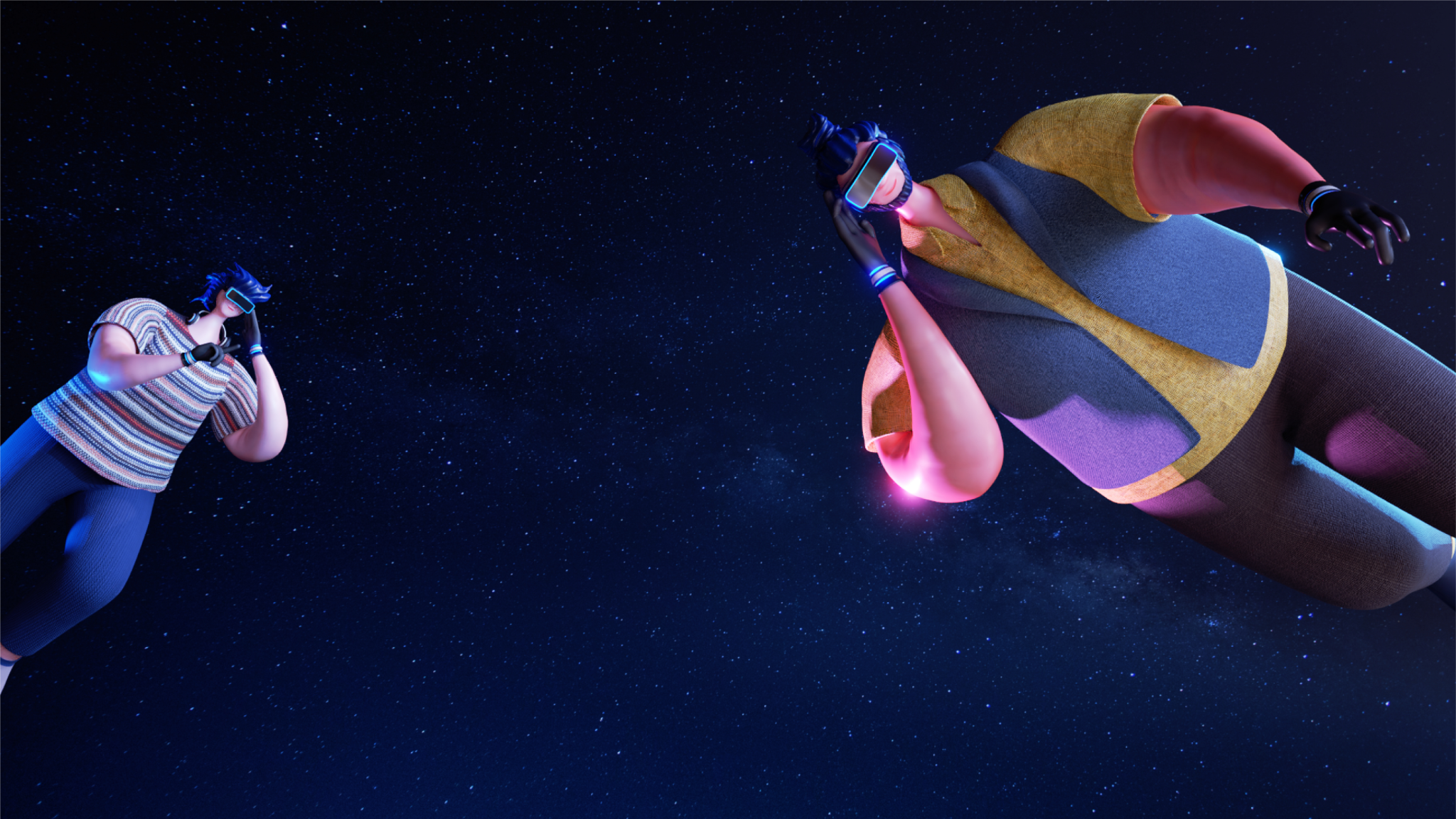 Two explorers wearing virtual reality headsets against a star-filled sky